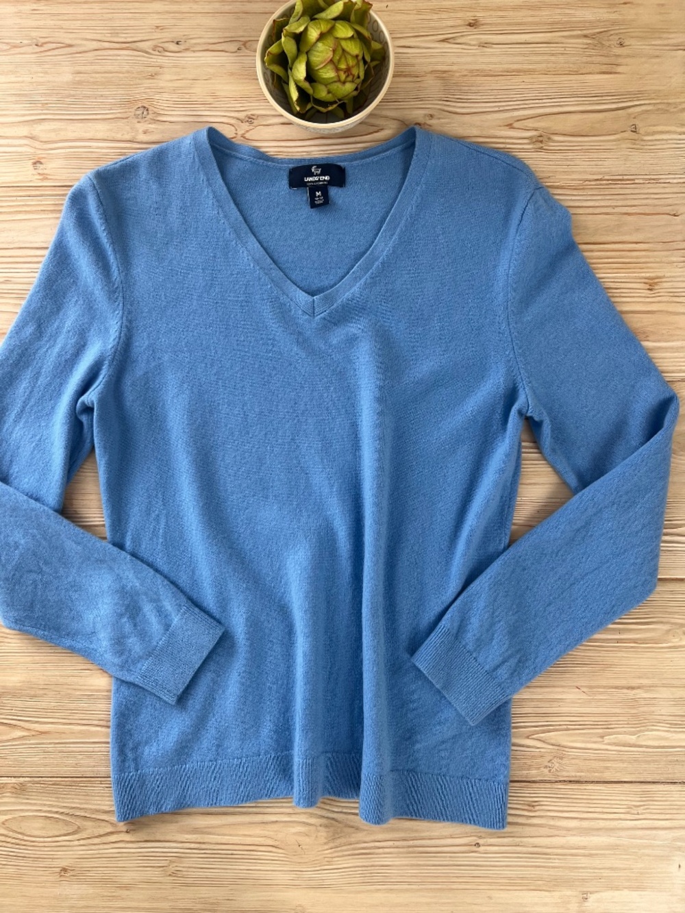 Lands’ End 100% Cashmere V-Neck Sweater Blue Medium - Picture 3 of 6